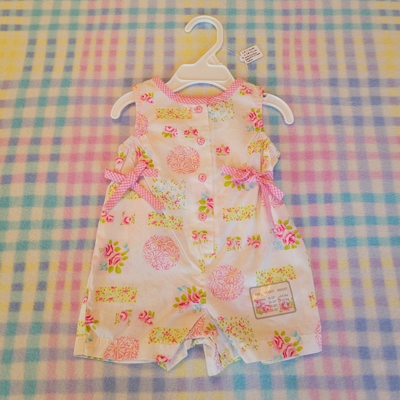 KRU LAYETTE 💐 Sweet Little Pink 'n Green Floral Sleeveless Romper w/Bows  0-3M - Picture 1 of 16